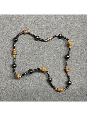 Hematite Bead Anklet 9 In As Is Ankle Bracelet Black Brown Wood Silver Screw 70s